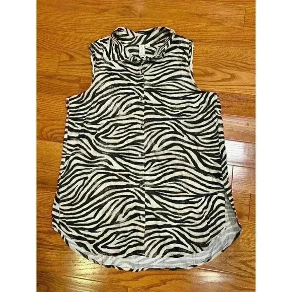 J Joie Zebra Print Sleeveless Blouse Button-Down Linen Top Large Black & White - Picture 1 of 6